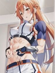 abs admiring ai_generated crop_top large_breasts midriff muscular_female navel smile sword_art_online toned touching_abs yuuki_asuna