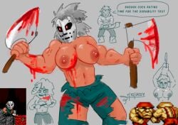 archie_comics axe battle_axe blood blood_splatter blood_stain bloody_clothes breasts jason_voorhees kid_chameleon licking_blood maniaxe_(kid_chameleon) mega_drive sandiestlittlefella sega_genesis suzi_(kid_chameleon) topless