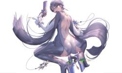 ass_focus back_view bayonetta bayonetta_(character) black_hair earrings glasses gloves love_cacao short_hair squatting