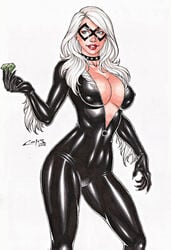 1girls black_bodysuit black_cat_(marvel) blue_eyes bodysuit breasts carlos_braga catsuit choker cleavage clothed collar color colored digital_drawing_(artwork) digital_media_(artwork) domino_mask eyelashes felicia_hardy female female_only fur_trim gem hourglass_figure large_breasts legs legs_together light-skinned_female light_skin lipstick long_hair marvel marvel_comics mask narrow_waist pale-skinned_female pale_skin pinup pinup_pose pose posing red_lips red_lipstick smile solo spider-man_(series) thief thighs voluptuous white_fur white_hair