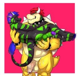 after_sex anal anal_fingering anthro balls blush bodily_fluids bowser claws crome cum dragon duo eye_contact fingering genital_fluids genitals hi_res holding_partner humanoid_genitalia humanoid_penis koopa looking_at_another male male/male mario_bros muscular mythological_creature mythological_scalie mythology nintendo penis scalie seyrmo smile standing wingless_dragon