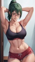 ai_generated curvaceous curvaceous_female curvaceous_figure curvy curvy_body curvy_figure fit fit_female shorts slim_waist smirking_at_viewer sports_bra zenin_maki