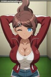 ai_generated aindroidparanoid asahina_aoi big_breasts blush breasts busty cleavage curvy danganronpa danganronpa_(series) dark_skin female gym gym_uniform hips huge_breasts indoors jacket large_breasts narrow_waist short_hair slim_waist stable_diffusion tank_top voluptuous waist wide_hips