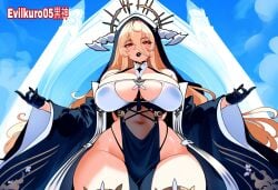 ai_generated azur_lane blonde_hair evilkuro05 implacable_(azur_lane) massive_breasts nun_outfit seductive_smile thick_hips thick_legs white_thighhighs yostar