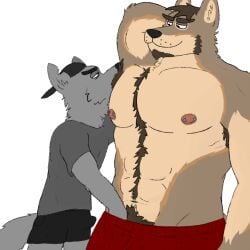 abs anthro armpit_hair armpit_musk armpit_sniffing armpit_tuft bedroom_eyes body_hair bottomwear brown_body brown_fur bulge canid canine canis chest_hair clothed clothing cocky detailed_bulge digital_drawing_(artwork) digital_media_(artwork) dominant dominant_male duo ejaculation erection erection_under_clothing facial_hair fur goatee hairy hand_in_pants hands-free hat headgear headwear kodiff male male/male mammal mature_anthro mature_male muscular muscular_anthro muscular_male musk musky_armpit narrowed_eyes nipple_piercing nipples orange_body orange_fur pecs piercing pink_nipples presenting pubes seductive shirtless shirtless_male shorts simple_background smug sniffing tan_body tan_fur topless travis_whiler white_background wolf worship