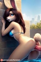 ai_generated anal anal_sex anthro ass ass_fuck ass_sex beige_fur bikini bikini_top blue_eyes brown_hair bunny bunny_girl cum cum_in_ass cum_inside furry human_penetrating_anthro pool poolside pressed_against pressed_against_wall sex