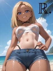 ai_generated ass big_ass big_thighs blonde_hair choker denim_shorts female front_view realor small_waist solo summer tan_body tanline