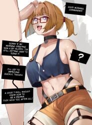 1boy ? after_fellatio altered_common_sense black_choker black_tank_top breasts brown_hair brown_shorts change_in_common_sense choker cleavage clothed_female_nude_male common_sense_change denim_shorts english_text erection eroborne female girls'_frontline glasses grizzly_mkv_(girls'_frontline) grizzly_mkv_(weekend_cop)_(girls'_frontline) hair_intakes heart heart-shaped_pupils highres looking_at_another male male/female midriff navel nude_male_clothed_female official_alternate_costume open_mouth peace_symbol peace_symbol_pin purple_eyes rectangular_eyewear red-framed_eyewear short_hair short_ponytail short_shorts shorts solo_focus speech_bubble straight symbol-shaped_pupils tank_top teeth tongue tongue_out unaware unaware_hypnosis upper_teeth_only