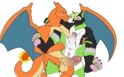 anthro anus balls canid canine charizard duo erection eye_contact generation_1_pokemon genitals hi_res humanoid_genitalia humanoid_penis looking_at_another male male/male mammal muscular nintendo pawpads penis pokemon pokemon_(species) seyrmo smile spread_legs spreading