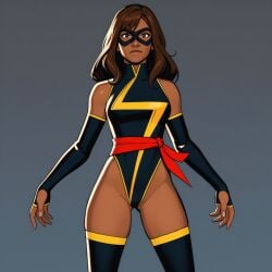 ai_generated brown_body brown_eyes brown_hair brown_skin brown_skinned_female front_view gray_background kamala_khan long_boots long_gloves marvel marvel_comics ms._marvel ms._marvel_(carol_danvers)_(cosplay) ms._marvel_(kamala_khan) muslim muslim_female nerd nerdy_female pakistani pakistani_female scarf slut_collar superhero superheroine