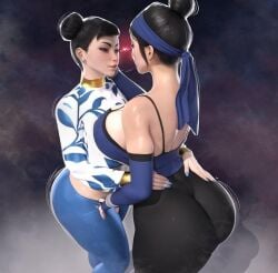 2girls big_ass big_breasts chun-li chun_li fat_ass female female_only fuck_me_eyes kitana mortal_kombat staring street_fighter_6 voluptuous voluptuous_female