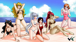 beach bikini black_hair blake_belladonna blonde_hair cat_ears faunus female female_only fully_clothed green_eyes human jadenkaiba jnpr looking_at_viewer multiple_girls nora_valkyrie one-piece_swimsuit orange_hair ponytail purple_eyes pyrrha_nikos red_hair ruby_rose rwby short_hair silver_eyes swimsuit swimwear teal_eyes team_rwby weiss_schnee white_hair yang_xiao_long yellow_eyes