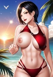 1female ada_wong ada_wong_(adriana) ai_generated aicrazymonkey asian asian_female athletic athletic_female beach bikini, bob_cut breasts cleavage cute cute_face feet_out_of_frame female female_focus female_only fit fit_female fully_nude light-skinned_female light-skinned_male light_skin outdoors pale-skinned_female pale_skin red_bikini red_bikini_top resident_evil resident_evil_4 seductive seductive_look semi_nude stable_diffusion standing sweat swimsuit