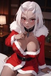 ai_generated calamitas calamity_mod horns horns_girl nipples nipples_visible_through_clothing santa_costume terraria white_hair witch