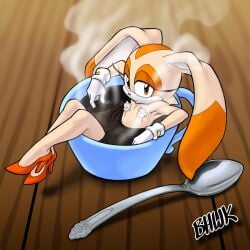 bhawk big_ears covered_nipples cream cream_the_rabbit cup flat_chest gloves high_heels looking_at_viewer orange_high_heels rabbit rabbit_ears rabbit_girl sonic_(series) sonic_the_hedgehog_(series) spoon steam white_gloves wood