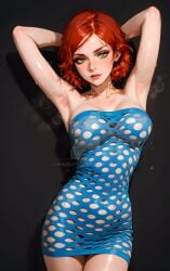 ai_generated armpits breasts cd_projekt_red clothing female freckles green_eyes light-skinned_female looking_at_viewer mascara nipples_visible_through_clothing no_panties philolite red_hair solo solo_female the_witcher_(series) the_witcher_3:_wild_hunt transparent_clothing triss_merigold watermark wet_body