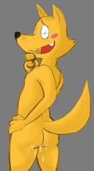 anthro ass bodily_fluids canid canine cum cum_on_butt digital_media_(artwork) fluffy fluffy_tail fox fur genital_fluids hi_res kaiketsu_zorori male mammal monkeysuit nude raised_tail rear_view smile solo tail yellow_body yellow_fur zorori