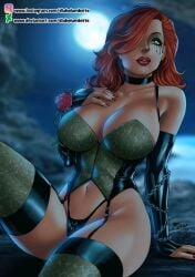 1girls 2023 artist_signature batman_(series) black_panties busty busty_female cedric_humbert cleavage dc dc_comics deviantart_link ed_benes_studio female flower fred_benes garter_straps green_eyes green_legwear green_lingerie green_stockings hair_over_one_eye huge_breasts large_breasts light-skinned_female lingerie long_hair moon night orange_hair poison_ivy red_lipstick rose running_mascara runny_makeup solo