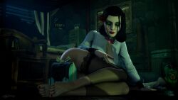 3d 3d_(artwork) ass atlassfm barefoot bed bedroom big_breasts bioshock bioshock_infinite black_hair breasts bubble_butt burial_at_sea busty cleavage elizabeth_comstock elizabeth_comstock_(burial_at_sea) eyeshadow female female_focus female_only flower_in_hair green_eyes hourglass_figure legwear lipstick long_hair makeup mascara mascara_tears nail_polish pinup pinup_pose shirt tagme toenail_polish wide_hips