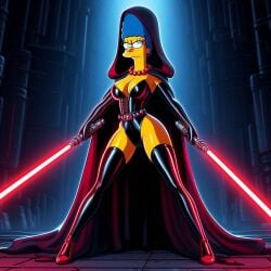 ai_generated arm_gloves blue_hair cleavage crossover dual_wielding heels hood hood_up lightsaber long_legs marge_simpson melee_weapon necklace onepiece sith sith_lady star_wars the_simpsons thighhighs yellow_body