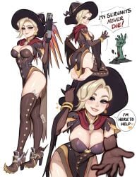 1girls 2024 activision blizzard_entertainment blonde_hair blue_eyes blush blushypixy blushyspicy bracelet breasts cleavage ear_piercing earrings female female_only gloves high_heels highres kneeling large_breasts looking_at_viewer mercy overwatch short_hair solo thick_thighs thighhighs witch witch_hat witch_mercy