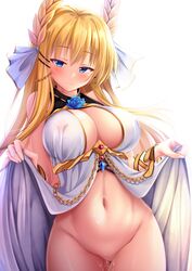 areolae azur_lane bangs bare_shoulders blonde_hair blue_eyes blue_flower blue_rose blush bottomless breasts cleavage closed_mouth dress dress_lift erect_nipples erect_nipples_under_clothes eyebrows eyebrows_visible_through_hair female female_only flower gem groin hair_ornament hair_ribbon half-closed_eyes head_tilt high_resolution hukairi_botan jewelry large_breasts laurel_crown long_hair looking_at_viewer navel nipples no_bra nopan open_dress paipan pussy_juice ribbon rose see-through sidelocks simple_background sleeveless smile solo stomach thighs tsurime underbust vaginal_juices veil very_long_hair victorious_(azur_lane) wet_pussy white_background white_dress white_ribbon wrist_ribbon