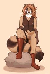 2020 anthro biped black_eyebrows blush bottomless breasts brown_body brown_clothing brown_fur brown_hair brown_markings brown_penis brown_topwear cheek_tuft claws clothed clothing curled_hair eyebrows facial_markings facial_tuft fangs footwear front_view full-length_portrait fur futanari genitals glistening glistening_clothing glistening_footwear gremm gynomorph hair head_markings heart hi_res holding_object intersex long_hair looking_at_viewer mammal markings multicolored_body multicolored_fur narrowed_eyes navel neckwear on_rock one_eye_closed penis pink_background pink_tongue portrait procyonid raccoon red_boots rock signature simple_background small_penis smile solo striped_tail stripes tan_body tan_fur teeth text tongue tongue_out topwear tuft white_body white_fur white_markings wink winking_at_viewer