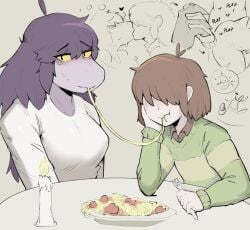 1boy 1girls anthro blush cute deltarune demidoggo fantasizing female fertilization heart holding_hands human human_is_better human_on_anthro imagining imminent_sex impregnation interspecies kissing kris_(deltarune) lady_and_the_tramp male male/female male_human/female_anthro male_penetrating pasta romantic same_thought spaghetti straight susie_(deltarune) sweat wholesome