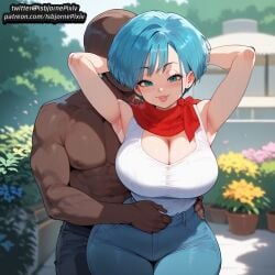 ai_generated bulma_(dragon_ball) bulma_briefs cleavage dark-skinned_male dragon_ball dragon_ball_super dragon_ball_z huge_ass huge_balls huge_breasts huge_cock interracial large_ass large_breasts netorare short_hair thick_thighs