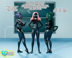 3d 3girls ass breasts choker drone droneification english_text faceless_female female female_focus female_only green_hair hands_on_hips hatsume_mei jirou_kyouka latex latex_bodysuit latex_clothing latex_suit lowres my_hero_academia pink_hair purple_hair standing subscribestar_url supercasket tagme text thighs tsuyu_asui url white_choker