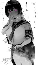 absurdres armband artist_name black_hair blush breasts clothes_lift female greyscale hand_to_own_mouth highres hime_cut large_breasts lifting_own_clothes lingerie long_hair looking_at_viewer monochrome neckerchief original panties pearl_thong pleated_skirt purple_eyes pussy sailor_collar school_uniform serafuku shibainu_goro short_sleeves signature simple_background skirt skirt_lift solo spot_color steaming_body sweat translated underwear whispering white_background