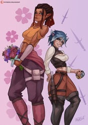 2girls art_with_a_side_of_fries awasof bare_shoulders big_breasts blush catgirl clothed clothed_female clothing collar color crop_top eye_contact fantasy female female_only final_fantasy final_fantasy_ix final_fantasy_vii final_fantasy_x final_fantasy_xiii final_fantasy_xiv flower larger_female looking_at_another pointy_ears short_hair shorter_female standing taller_girl thick_thighs