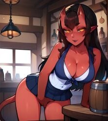 ai_generated cleavage dark_hair demon_girl demon_horns demon_tail freckles jhonensteele large_breasts masturbation meru_(merunyaa) miniskirt pointy_ears red_skin succubus tavern yellow_eyes