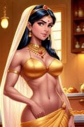 1girls ai_generated armlet bangle big_breasts bindi cleavage dark-skinned_female dark_skin earrings fit_female hourglass_figure housewife indian_clothes indian_female kitchen navel necklace saree sari slim_waist smile solo solo_female veil wide_hips yellow_eyes