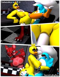 3_toes 3d 4_fingers animatronic ass avian bird breast_squish breasts butt_grab canid canine chica_(fnaf) chicken comic fan_(disambiguation) feet female fingers five_nights_at_freddy's fox foxy_(fnaf) furniture galliform gallus_(genus) genitals geometryboymejia geometryboymejia_(character) group hand_on_butt hi_res hook_hand machine male mammal penetration penis phasianid robot squish table thegeckoninja toes vaginal_penetration video_games