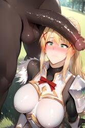 1boy 1girls ai_generated cock_shock dark-skinned_male dark_skin darkness_(konosuba) female kiss-shot kono_subarashii_sekai_ni_shukufuku_wo! penis_awe