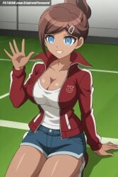 ai_generated aindroidparanoid asahina_aoi big_breasts blush breasts busty cleavage curvy danganronpa danganronpa_(series) dark_skin female gym gym_uniform hips huge_breasts indoors jacket large_breasts narrow_waist short_hair sitting slim_waist stable_diffusion tank_top voluptuous waist waving wide_hips