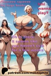 ai_generated ass_expansion beach bikini black_bikini black_hair blonde_hair blue_bikini breast_expansion dialogue hentai huge_ass huge_breasts hyper hyper_breasts mastophile red_bikini sand sea smiling smiling_at_viewer sunny three_girls waving_at_viewer white_hair