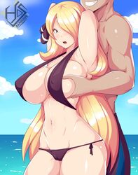 alternate_breast_size arms_behind_back arms_behind_head background beach big_breasts big_dom_small_sub bigger_dom bikini bikini_bottom bikini_top black_bikini blonde_hair blush breasts cameltoe champion curves curvy cynthia_(pokemon) dominant_male domination faceless_male female female_focus grey_eyes grope grope_from_behind groping haarmades hair_ornament hair_over_one_eye hips huge_breasts human large_breasts long_hair nintendo nipples nipples_visible_through_clothing open_mouth pokemon pokemon_champion pokemon_dppt rough scantily_clad shorts skimpy skimpy_bikini sling_bikini smirk straight submissive_female swimsuit thick_thighs wide_hips