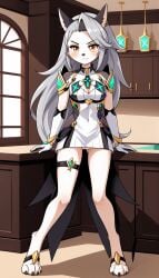 1girls 2024 ai_generated amber_eyes anthro canine cleavage cocky digitigrade ear_piercing eyebrow_piercing female female_only grey_fur hellhound helluva_boss hi_res indoors innie_pussy long_hair looking_at_viewer loona_(helluva_boss) mythra_(xenoblade)_(cosplay) no_panties pussy silver_hair smile white_fur xenoblade_chronicles_2