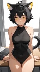 ai_generated bangs bankonit black_hair blush cat_ears catgirl freckles freckles_on_face freckles_on_shoulders leaning_back leotard looking_at_viewer medium_breasts navel original_character parted_lips short_hair shoulders sitting smile solo stable_diffusion tail thighs yellow_eyes