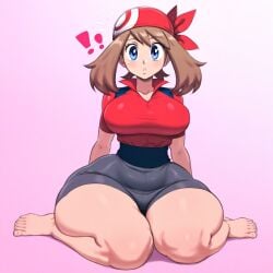 ai_generated alert big_ass big_breasts curvy huge_ass kneeling large_ass looking_at_viewer may_(pokemon) on_knees original pokemon self_upload small_waist surprised thecook thick_ass thick_thighs voluptuous