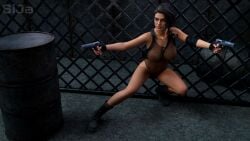 3d fishnet_leotard gun jill_valentine one-piece resident_evil see-through see-through_clothing sija_art weapons