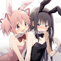 akemi_homura black_eyes black_hair blush bunny_ears bunnysuit frowning long_hair madoka_kaname mahou_shoujo_madoka_magica pink_eyes pink_hair small_breasts smiling twintails two_girls yuri