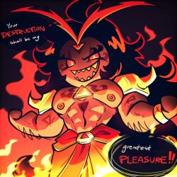 abs armor black_hair body_hair bracelet burning_spice_cookie clothed cookie cookie_run cookie_run_kingdom flame gay gem grinning headgear hornbunxx long_hair looking_at_viewer male male_only muscular muscular_male nipples pecs red_body red_eyes sharp_teeth simple_background smiling solo speech_bubble tattoo text