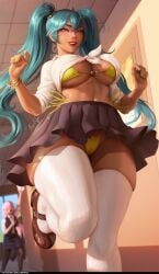 2024 2girls blue_eyes blue_hair brazil brazilian brazilian_female brazilian_miku cleavage deviantart_link hatsune_miku large_breasts latin_american_hatsune_miku_(meme) long_hair luminyu megurine_luka pink_hair school_uniform schoolgirl side-tie_panties skirt tan tan_body tan_skin thighhigh_socks thighhighs tied_shirt twintails underboob vocaloid