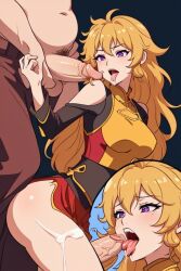 after_fellatio after_oral ai_generated blonde_hair cum cum_on_breasts perchance_ai purple_eyes rwby tagme tongue_out yang_xiao_long