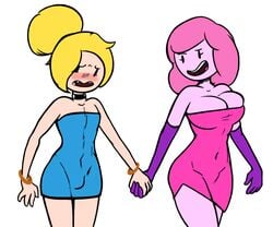 1boy 1girls adventure_time androgynous armwear blonde_hair blue_dress bracelet bracelets bubble_butt bulge cartoon_network choker clavicle dress_bulge dunnhierdraws elbow_gloves embarrassed female femboy femboy_on_female feminine_male feminization finn_the_human girly gloves hair_bun handwear holding_hands human male medium_hair minidress neckwear pale_skin penis_under_dress pink_dress pink_hair princess_bubblegum short_dress simple_background sissy thighs tight_clothing tight_dress trap wristwear