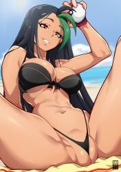 1girls bayeuxman beach big_breasts bikini bikini_bottom bikini_top black_hair bra breasts brown_eyes female female_only freckles freckles_on_face green_hair long_hair looking_at_viewer nemona_(pokemon) panties pokeball pokemon pokemon_sv pussy pussy_peek sand smile smiling smiling_at_viewer smug smug_face tanned tanned_female teasing