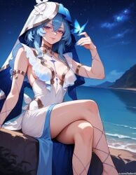 ai_generated balecxi beach blue_hair blue_nails crossed_legs large_breasts looking_at_viewer night purple_eyes sitting the_shorekeeper_(wuthering_waves) wuthering_waves